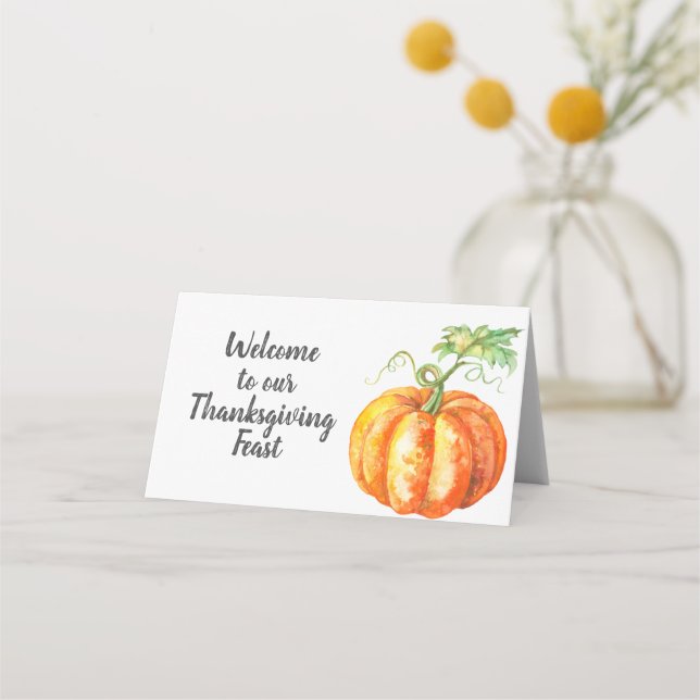 Cute Watercolor Pumpkin Thanksgiving Design Place Card (Front)