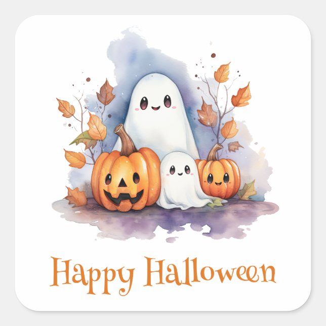 Cute Watercolor Pumpkins Ghosts Happy Halloween  Square Sticker (Front)