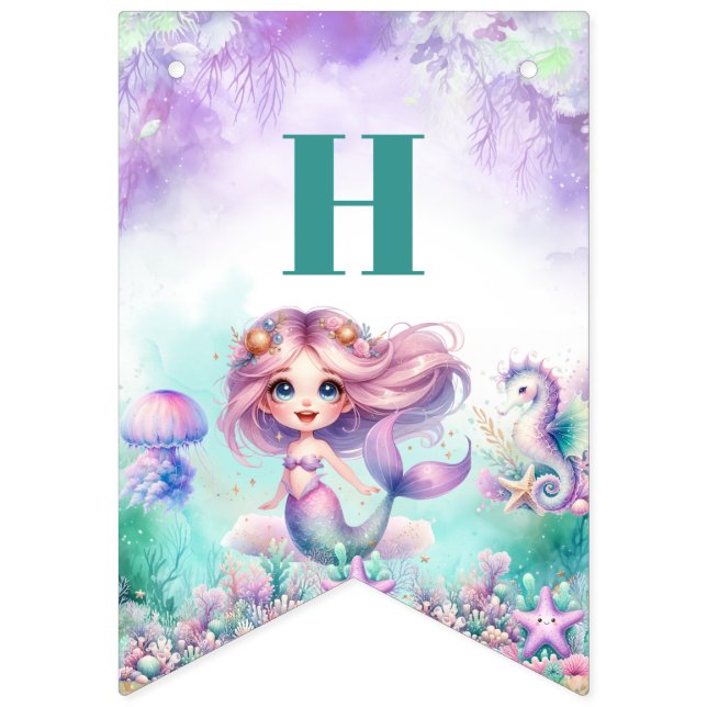 Cute watercolor purple and teal mermaid birthday bunting flags (First Flag)