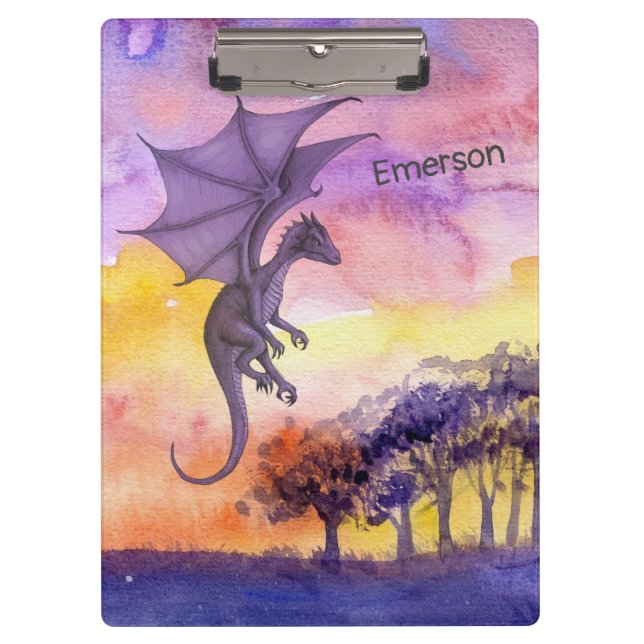 Cute Watercolor Purple Magical Flying Dragon Clipboard (Front)