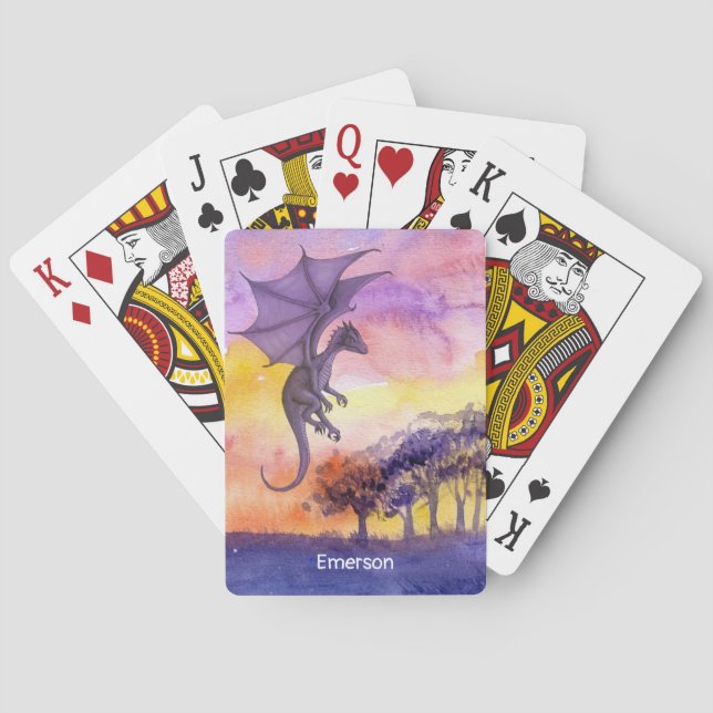 Cute Watercolor Purple Magical Flying Dragon Playing Cards (Back)