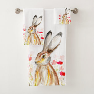 Cute Watercolor Rabbit Bunny Hare Easter Floral Bath Towel Set