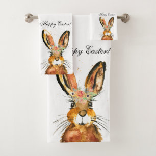 Cute Watercolor Rabbit Bunny Hare Easter Floral Bath Towel Set