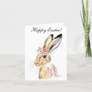 Cute Watercolor Rabbit Bunny Hare Easter Floral Thank You Card