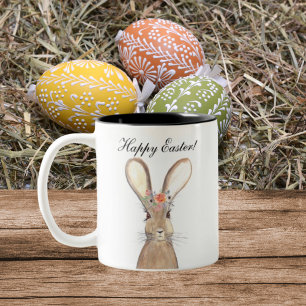 Cute Watercolor Rabbit Bunny Hare Easter Floral Two-Tone Coffee Mug