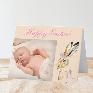 Cute Watercolor Rabbit Bunny Picture Easter Floral Thank You Card