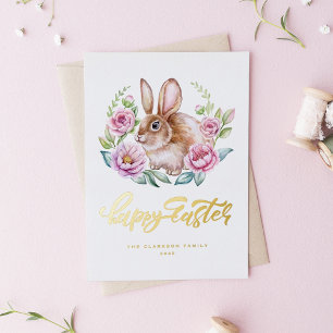 Cute Watercolor Rabbit Floral Wreath Happy Easter Foil Holiday Card