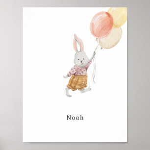 Cute Watercolor Rabbit With Balloons Name Poster