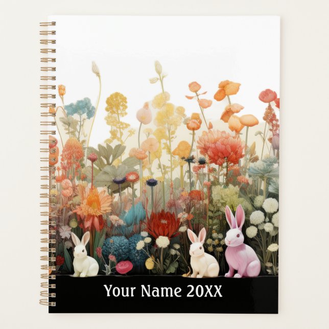 Cute Watercolor Rabbits and Wildflowers Planner (Front)