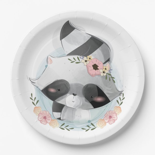 Cute Watercolor Raccoon Baby Shower Paper Plate (Front)