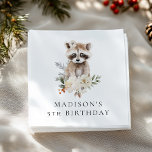 Cute Watercolor Raccoon Birthday Party Napkin<br><div class="desc">Cute,  woodland-themed birthday party napkins featuring a watercolor illustration of a baby raccoon surrounded by winter white flowers,  red holly berries,  and lush green leaves. Personalize the raccoon birthday napkins with the child's name and age. Designed to coordinate with our Cute Watercolor Baby Animals Winter Birthday Party collection.</div>