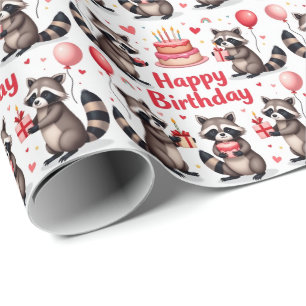 Cute Watercolor Raccoon Birthday Scene - Birthday Wrapping Paper