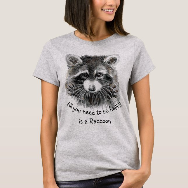 Cute Watercolor Raccoon Choose Happy Inspirational T-Shirt (Front)