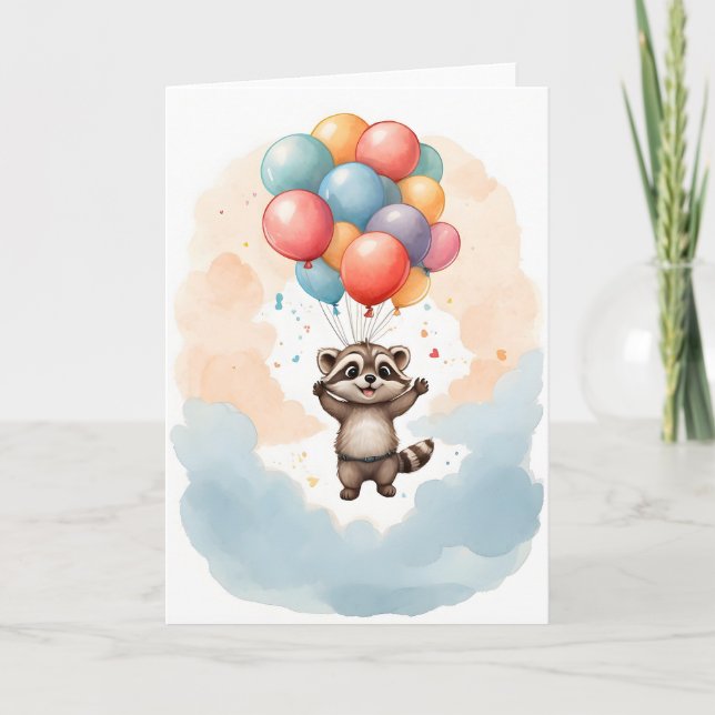 Cute Watercolor Raccoon Colourful Balloons Blank Card (Front)