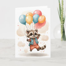 Cute Watercolor Raccoon Jacket Balloons Blank