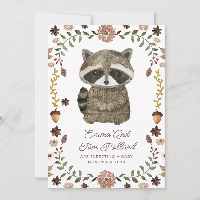 Cute Watercolor Raccoon Pregnancy Announcement (Front)