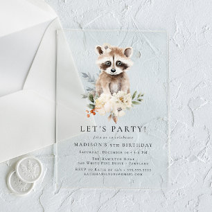 Cute Watercolor Raccoon Winter Birthday Party Acrylic Invitations