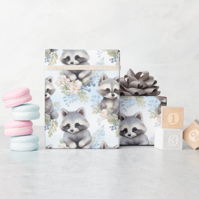 Cute Watercolor Raccoons - Wrapping Paper (Baby Shower)