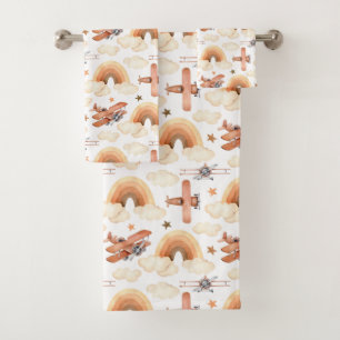 Cute Watercolor Rainbow Airplane Pattern Bath Towel Set