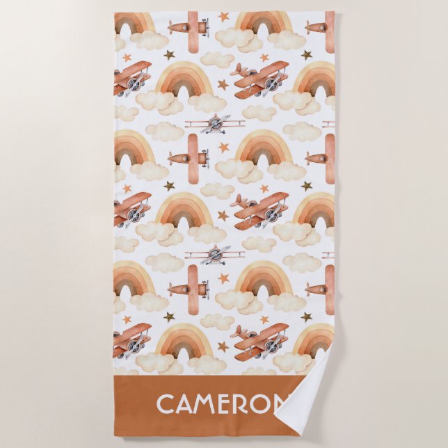 Cute Watercolor Rainbow Airplane Pattern Beach Towel (Front)