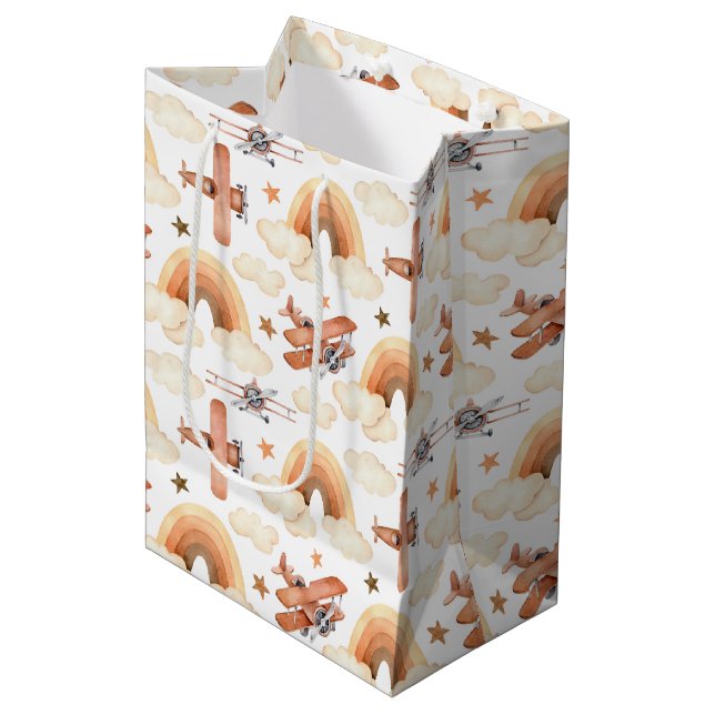Cute Watercolor Rainbow Airplane Pattern Medium Gift Bag (Front Angled)