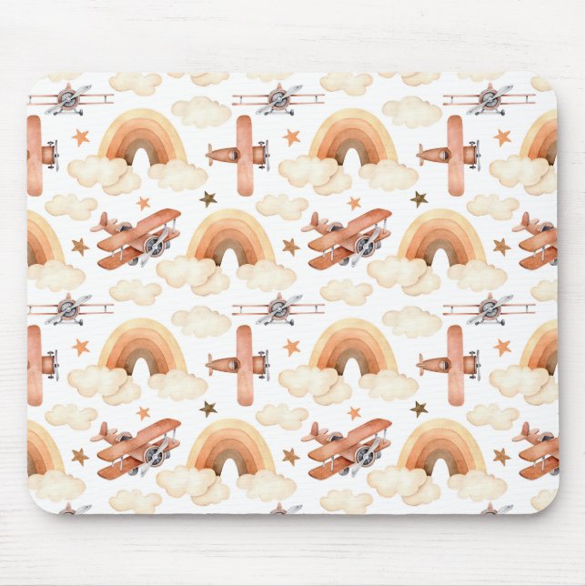 Cute Watercolor Rainbow Airplane Pattern Mouse Pad (Front)