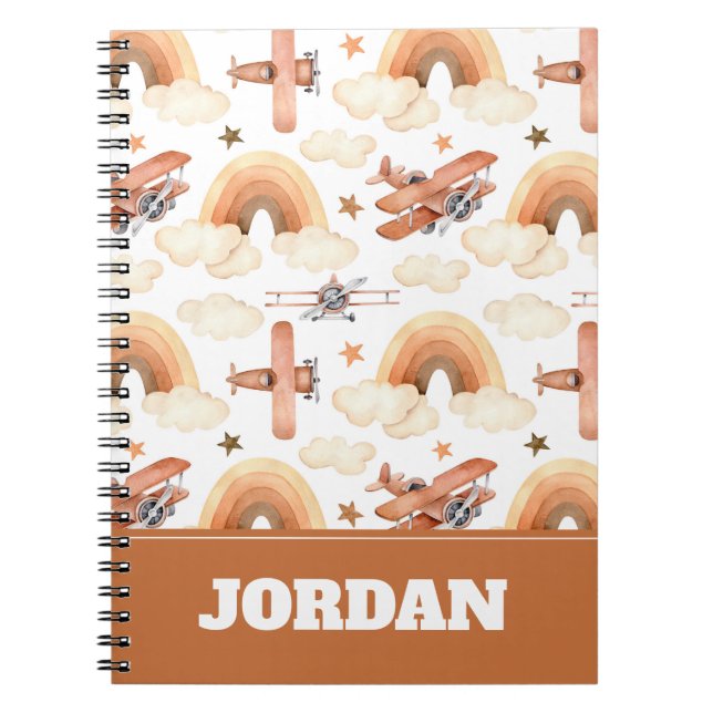 Cute Watercolor Rainbow Airplane Pattern Notebook (Front)
