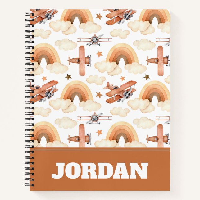Cute Watercolor Rainbow Airplane Pattern Notebook (Front)