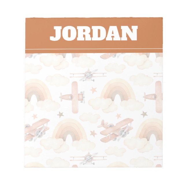 Cute Watercolor Rainbow Airplane Pattern Notepad (Front)