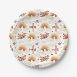 Cute Watercolor Rainbow Airplane Pattern Paper Plate