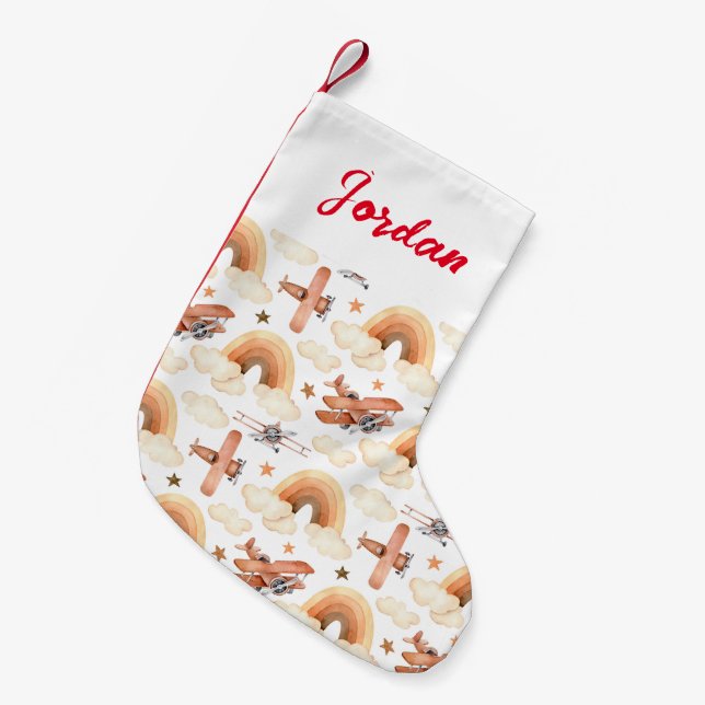 Cute Watercolor Rainbow Airplane Pattern Small Christmas Stocking (Front (Hanging))