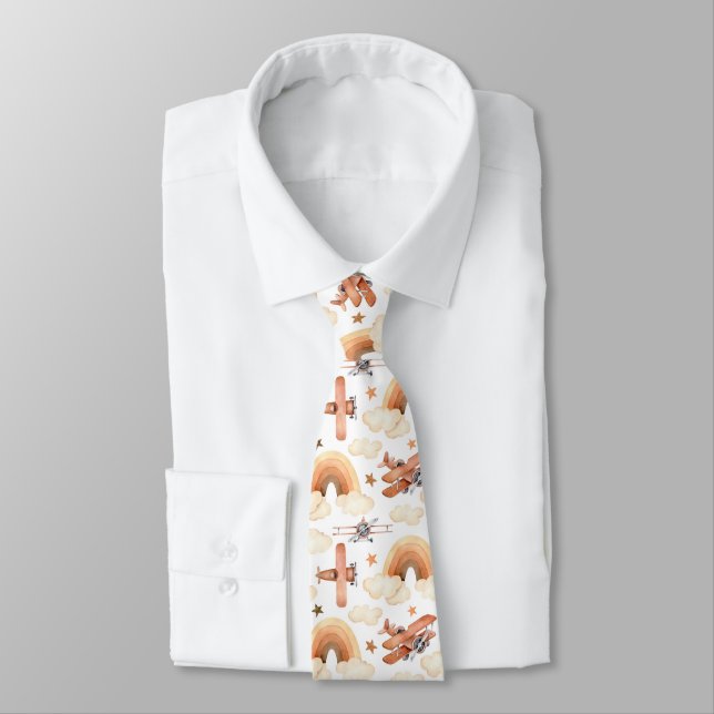 Cute Watercolor Rainbow Airplane Pattern Tie (Tied)