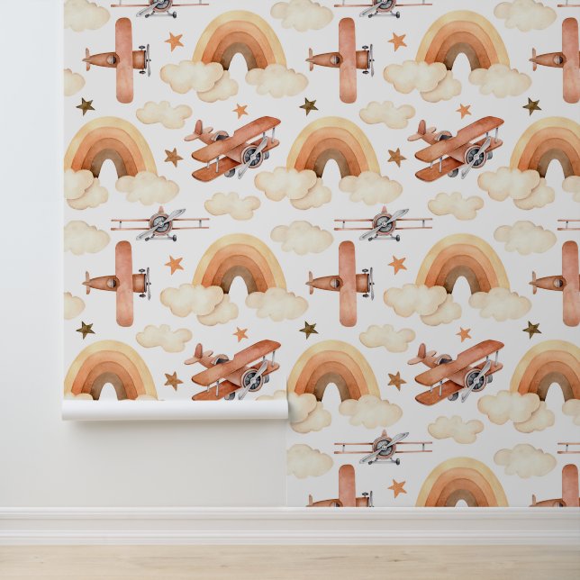 Cute Watercolor Rainbow Airplane Pattern Wallpaper (Application)