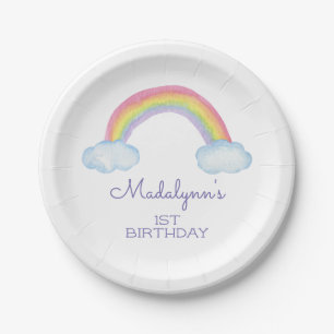 Cute Watercolor Rainbow and Clouds Birthday Paper Plate