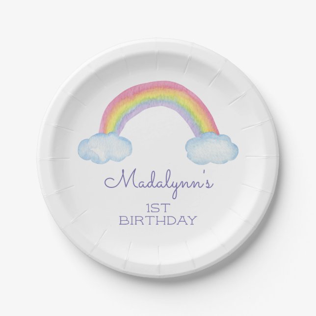 Cute Watercolor Rainbow and Clouds Birthday Paper Plate (Front)