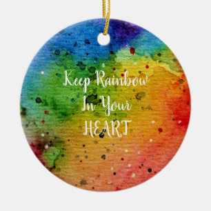 Cute Watercolor Rainbow Heart Ceramic Ornament