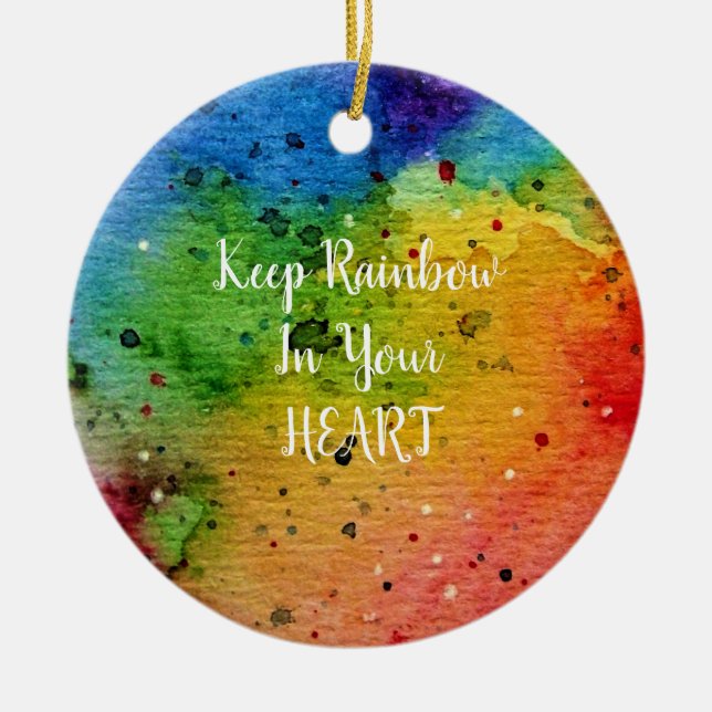 Cute Watercolor Rainbow Heart Ceramic Ornament (Front)
