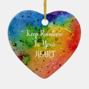 Cute Watercolor Rainbow Heart Ceramic Ornament