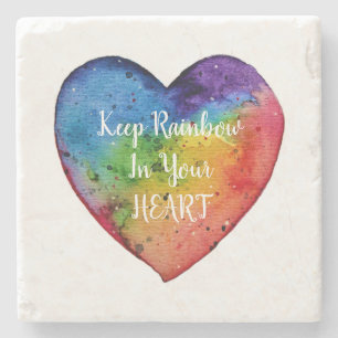 Cute Watercolor Rainbow Heart Stone Coaster