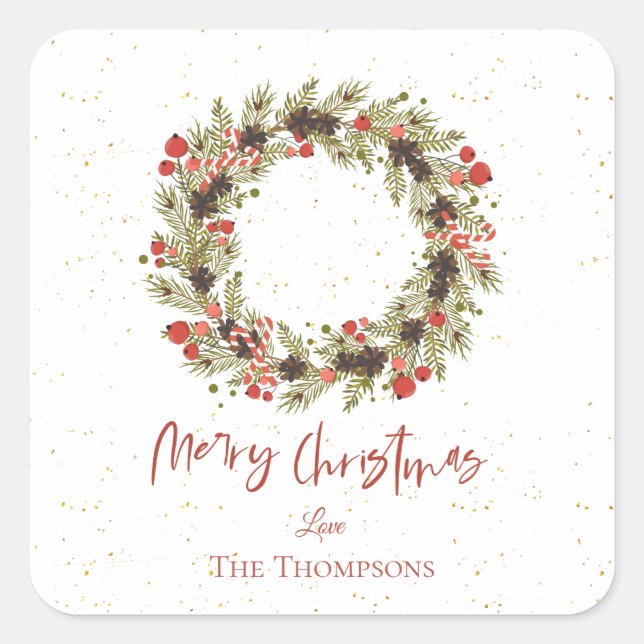 Cute Watercolor Red Berries Wreath Merry Christmas Square Sticker (Front)