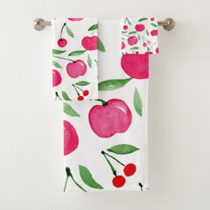 Cute watercolor red cherries pattern bath towel set