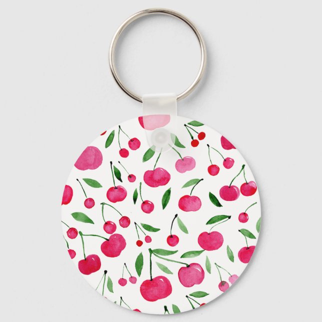 Cute watercolor red cherries pattern keychain (Front)