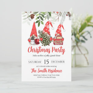 Cute Watercolor Red Gnomes Little Christmas Party Invitation