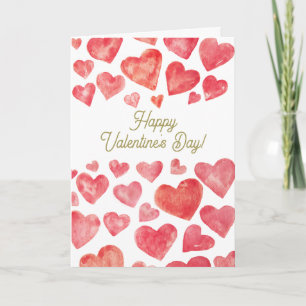 Cute Watercolor Red Hearts Happy Valentine's Day Holiday Card