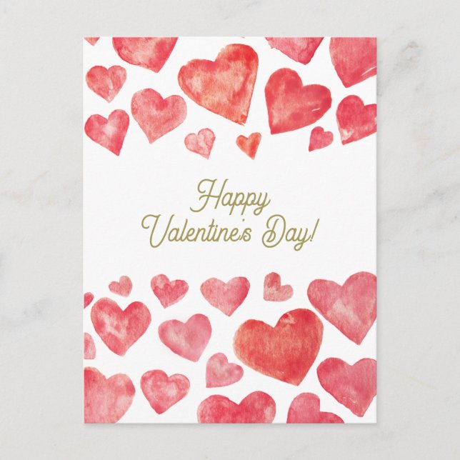 Cute Watercolor Red Hearts Happy Valentine's Day  Holiday Postcard (Front)