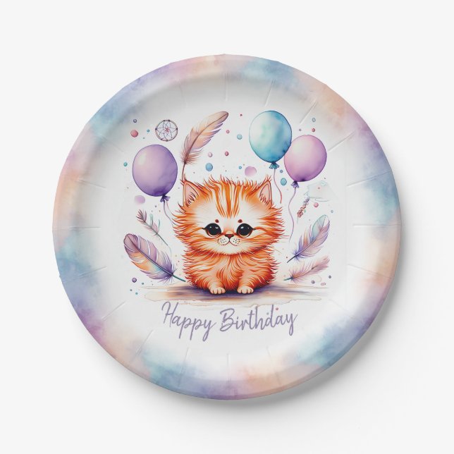 Cute Watercolor Red Kitten Balloons Birthday  Paper Plate (Front)