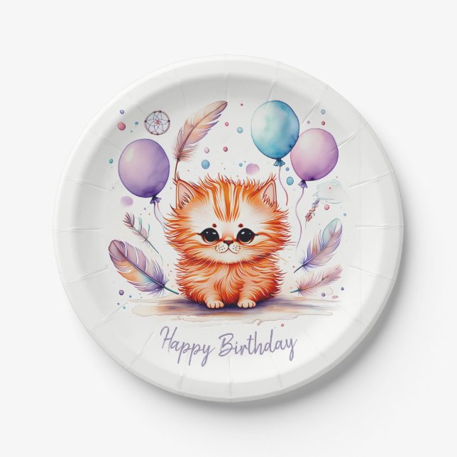 Cute Watercolor Red Kitten Balloons Birthday  Paper Plate (Front)