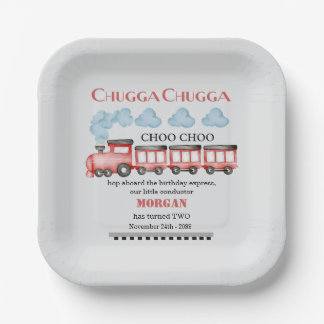 Cute Watercolor Red Train 2nd Birthday Paper Plate