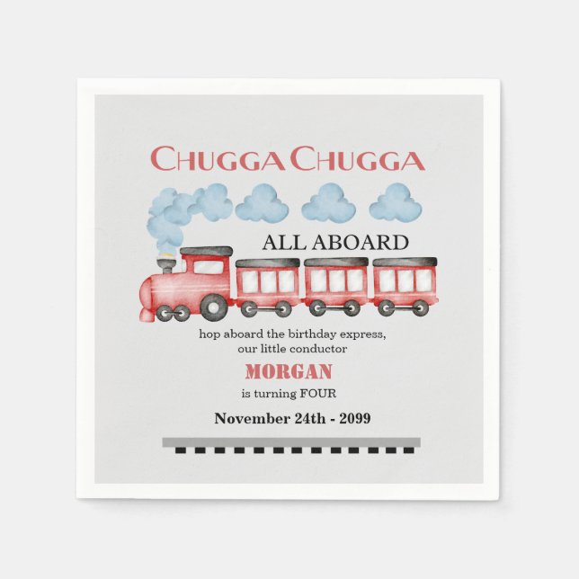 Cute Watercolor Red Train Any Age Birthday Napkin (Front)