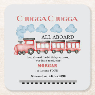 Cute Watercolor Red Train Any Age Birthday Square Paper Coaster